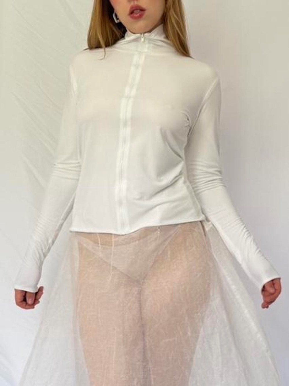 Norma Kamali OMO White Long-Sleeve zip up top